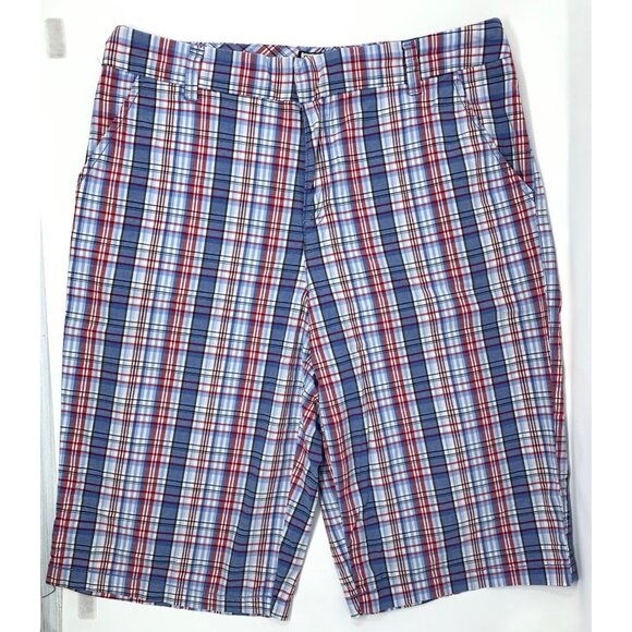 Caribbean Joe Red White Blue Plaid Flat Front Cotton Blend Women's Shorts Size 8 - Picture 1 of 6